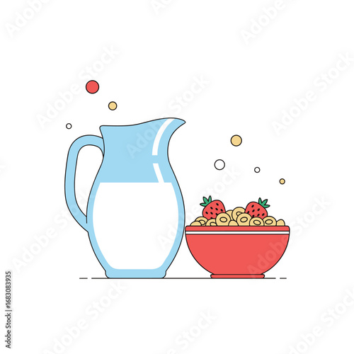 A healthy start to the day with cereal and fresh milk showing delicious strawberries on top
