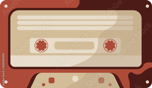 Stylized illustration of a vintage audio cassette tape in warm brown and beige tones.