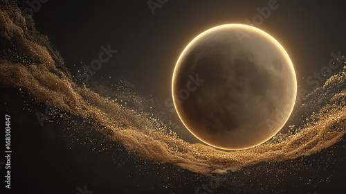 Golden ring solar eclipse glowing in dramatic dark sky, surreal celestial event resembling Mid Autumn Festival moon, symbol of harvest celebration, cosmic wonder, and astronomical beauty admired world