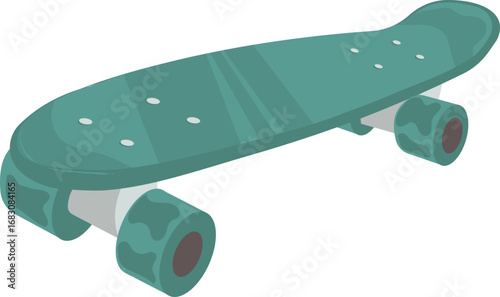 A stylish illustration of a teal cruiser skateboard with white trucks and dark wheels, isolated on a white background.