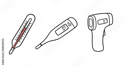 Outline Set of 3 Icons: Thermometer, Digital Thermometer, Infrared Thermometer  