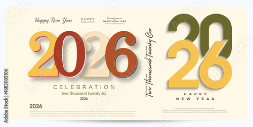 Happy New Year 2026 design. With illustrations of cut out numbers and with a subtle and beautiful touch of color. 2026 vector premium design.