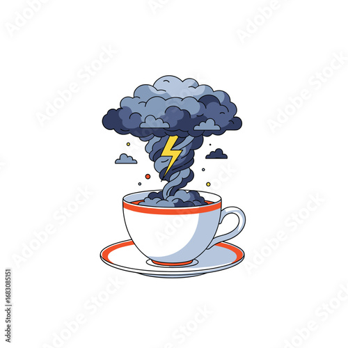 A tornado of dark clouds and lightning swirling inside a white coffee cup on a saucer