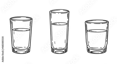 Outline set of three glasses with water, black on white background  