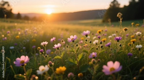 A vibrant meadow bursts with wildflowers at sunrise. Golden light bathes the landscape, filled with pastel-colored blooms