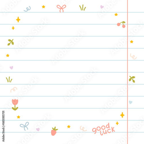 Cute kawaii template square vector frame, lined notebook sheet with margins. Cartoon hand-drawn doodle style. Perfect for stationery, design stickers for notes, notebook sheets, for social networks.