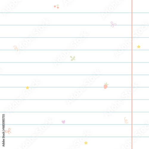 Cute kawaii template square vector lined notebook sheet with margins. Cartoon hand-drawn doodle style. Perfect for stationery, design stickers for notes, notebook sheets, for social networks