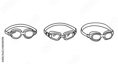Outline Set of 3 Icons, Black on White, Doodle, Different Swimming Goggles  
