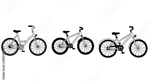 Outline set of three bicycles in black on white background  