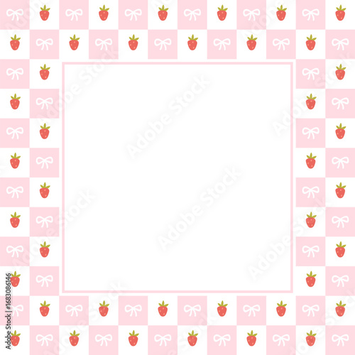 Cute kawaii template square vector frame with strawberries. Cartoon hand-drawn doodle style. for stationery, design stickers for notes, notebook sheets, posts for social networks. Pastel palette