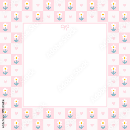 Cute kawaii template square vector frame with chamomile flowers and flirty bows on a chessboard. Cartoon hand-drawn doodle style. for stationery, design stickers for notes, posts for social networks