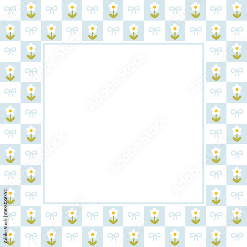 Cute kawaii template square vector frame with chamomile flowers and flirty bows on a chessboard. Cartoon hand-drawn doodle style. for stationery, design stickers for notes, posts for social networks
