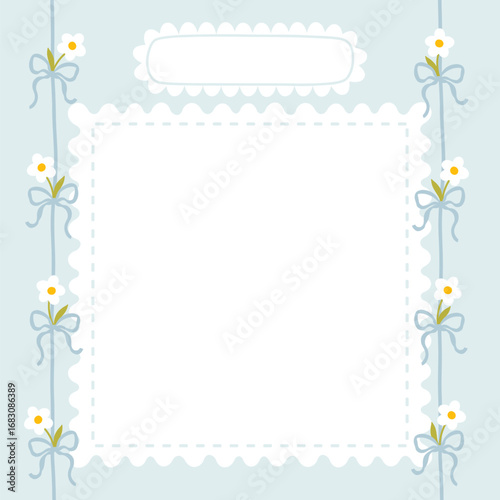 Cute kawaii template square vector frame with chamomile flowers and flirty bows. Cartoon hand-drawn doodle style. for stationery, design stickers for notes, notebook sheets, posts for social networks
