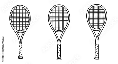 Outline Set 3 Icons, Black on White, Doodle, Different Tennis Rackets  