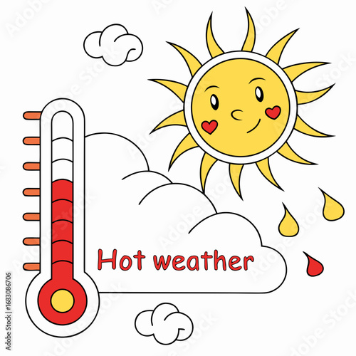 Cartoon sun with hearts on cheeks thermometer showing high temperature and clouds indicating hot weather conditions