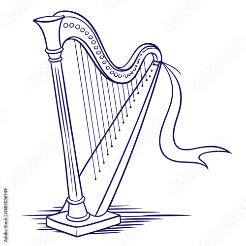 Elegant outline drawing of a classical harp with a flowing ribbon and decorative circles on a white background