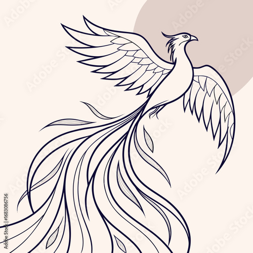 Elegant line art illustration of a mythical phoenix with flowing tail feathers and outstretched wings against a soft background