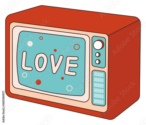 Retro television displaying the word "LOVE" with a vibrant, bubbly screen, evoking nostalgia and affection.