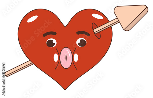 A cartoon red heart with a surprised expression, pierced by a cupid's arrow, with puckered lips.