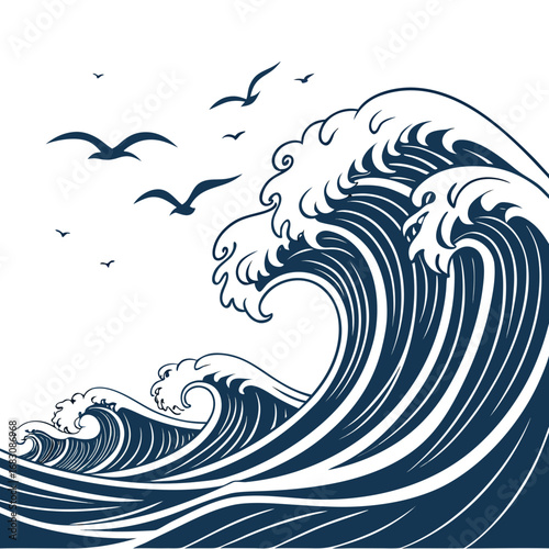 Stylized dark blue ocean waves crashing with seagulls flying in a white sky background