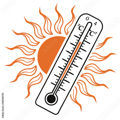 Stylized illustration of a thermometer showing high temperature against a bright orange sun with radiating heat waves