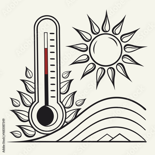 Stylized thermometer showing high temperature with a bright sun and wavy lines representing heat waves and landscape