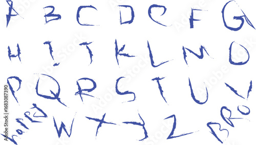 Indigo Brush Stroke Alphabet Vector Set A to Z with Extra Words Bro and Vector. Hand Drawn Style Font for Creative Design Projects and Compositions
