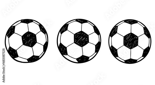Outline Set 3 Icons, Black on White, Doodle, Different Soccer Balls  