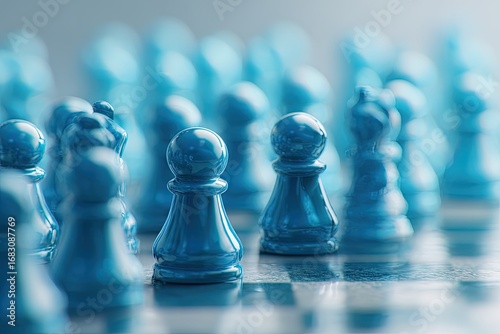 Close-up of a chessboard filled with uniform, polished, light-blue chess pieces