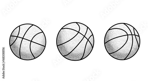 Outline Set 3 Icons, Black on White, Doodle, Different Basketballs  