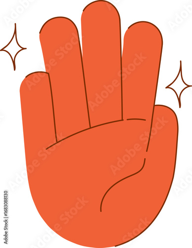 A stylized orange hand with four fingers extended upwards, featuring two sparkling accents.