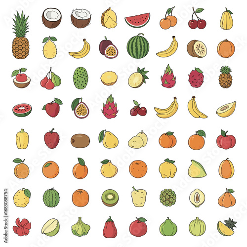 A vibrant assortment of fresh tropical and exotic fruits represented in a colorful pixelated style on a white background