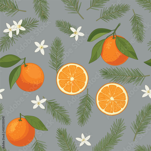 Vibrant oranges and greenery pattern featuring citrus fruits and pine branches