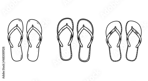 Outline Set 3 Icons, Black on White, Doodle, Different Flip-Flops  