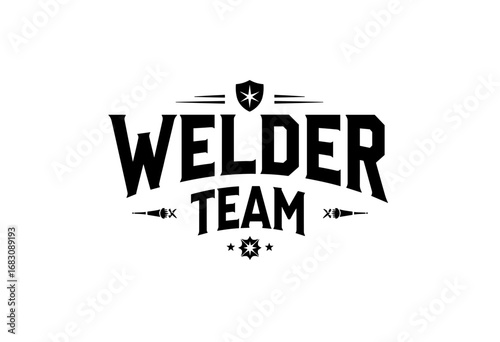 Welder typography art logo with bold text and shield design  