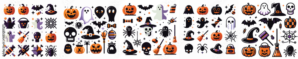 Obraz premium Spooky Halloween Icon Elements Vector Pumpkin Ghost Skull Pack