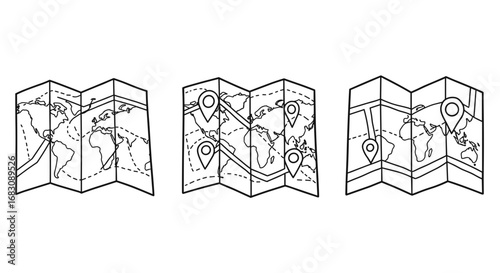Outline Set 3 Icons, Black on White, Doodle, Different Maps  