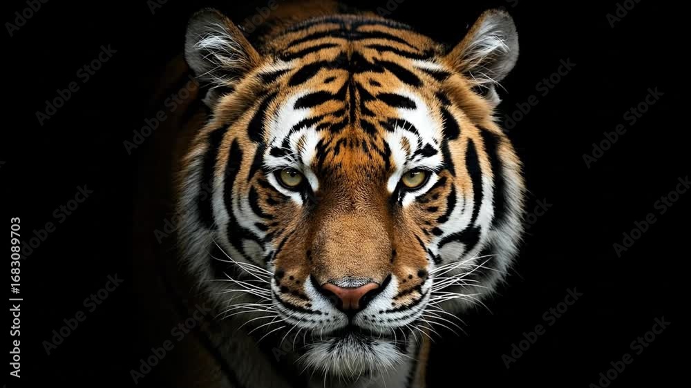 A striking closeup of a tigers face against a dark background showing its intense eyes and distinctive stripes A striking closeup of a tigers face against a dark background showing its intense eyes and distinctive stripes