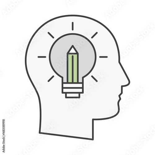 Human head with lighbulb icon representing creative thinking innovation problem solving brainstorming ideation. Vector illustration.