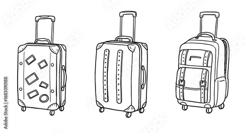 Outline Set of 3 Luggage Icons, Black on White, Doodle Style  