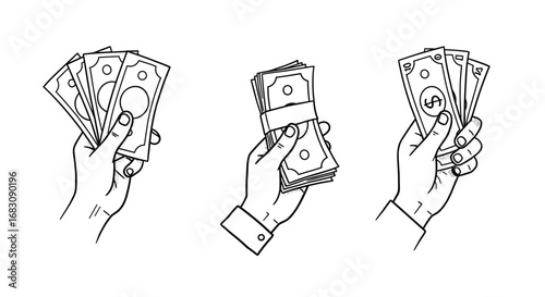 Outline set of hands holding cash in different positions and styles  