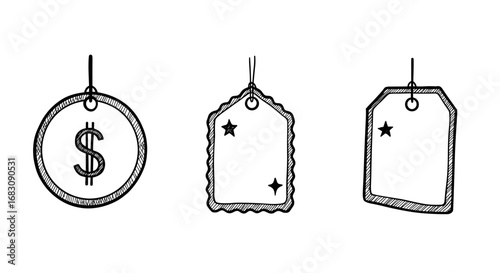 Outline set of three icons, black on white, doodle, different tags