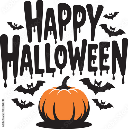 Happy Halloween Pumpkin with Flying Bats – Spooky Halloween Vector Illustration