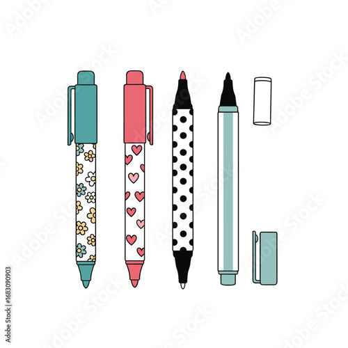 Set of four decorative pens with unique patterns for creative writing and drawing