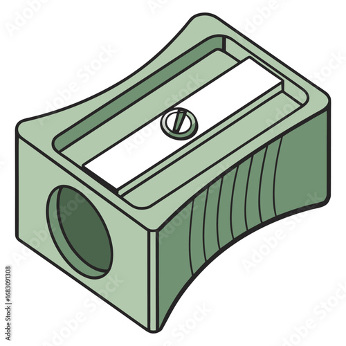 A rectangular pencil sharpener with curved sides, a round hole on one end, and a metal blade fixed on top with a screw.