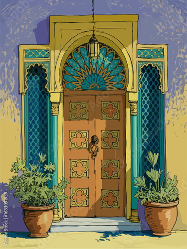Retro Marrakech travel poster with ancient Moroccan door. Vintage-style colorful digital print in impressionist oil painting style. Exotic summer vacation wall art