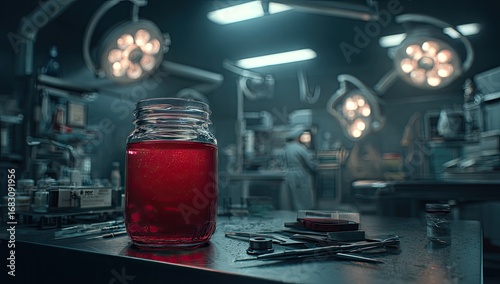 Red liquid in jar, medical operating room
