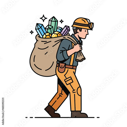 Flat vector illustration of a miner carrying a sack of minerals on his back, isolated on white background