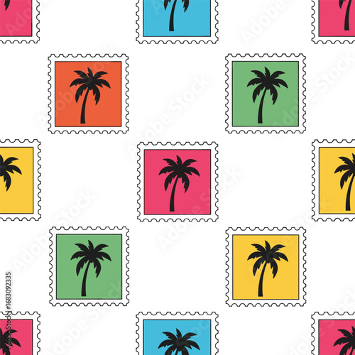 Vibrant tropical palm tree postage stamp seamless pattern for a cheerful summer vacation design
