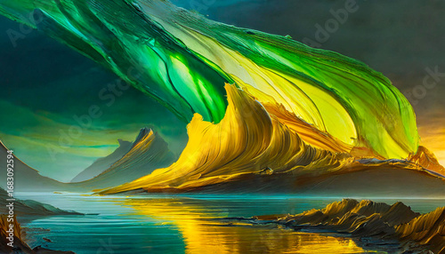 Abstract sunset landscape with colorful mountains and sea reflections